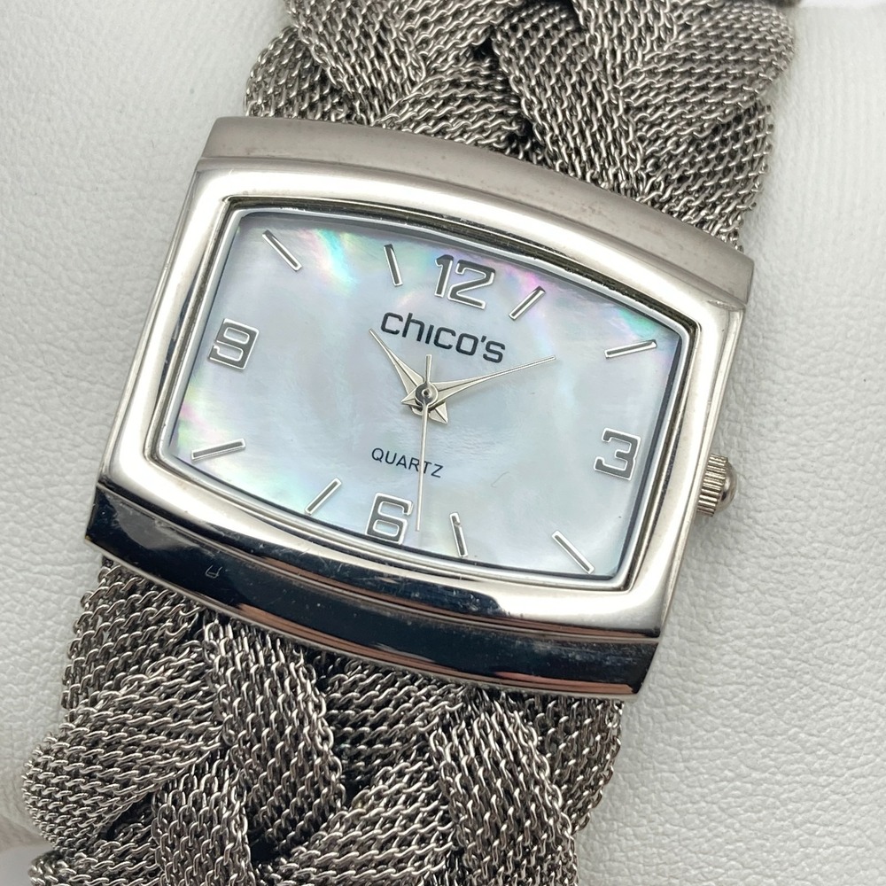 Chico's Women's Watch 32mm Wide Silver Tone MOP Braided Mesh New Battery 7.5"